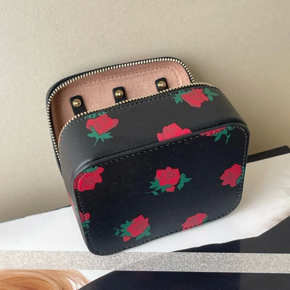 (new+tag) Kate Spade chic black jewelry box with vibrant red floral design